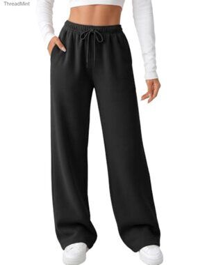 Fleece Lined Straight Leg Sweatpants Drawstring High Rise Lounge Pants